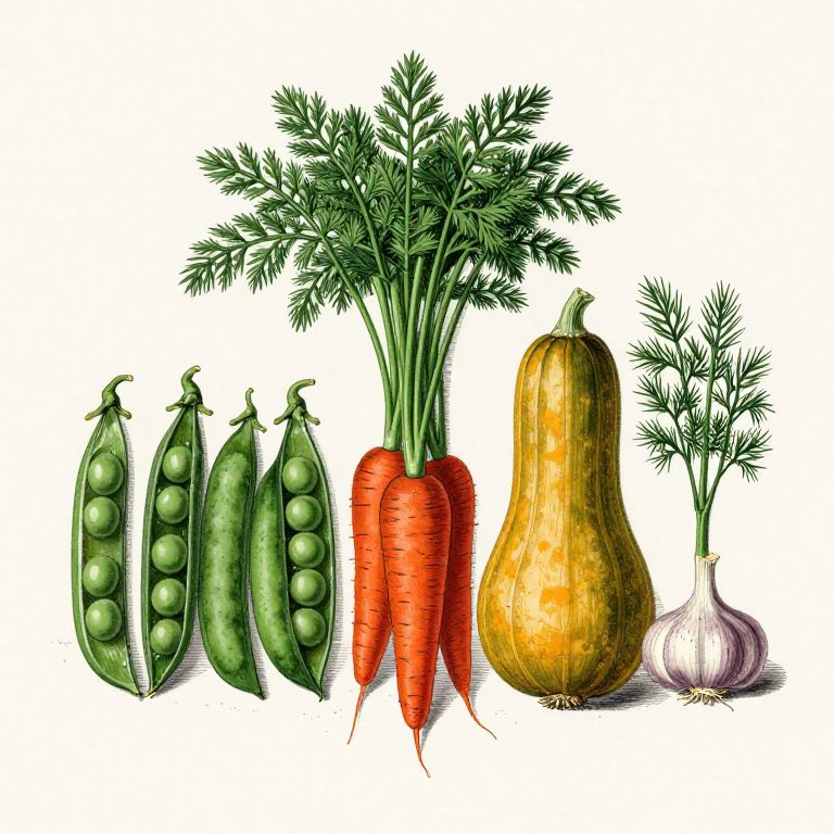 Seasonal garden produce laid out as a specimen study: peas, carrots, squash, garlic and dill