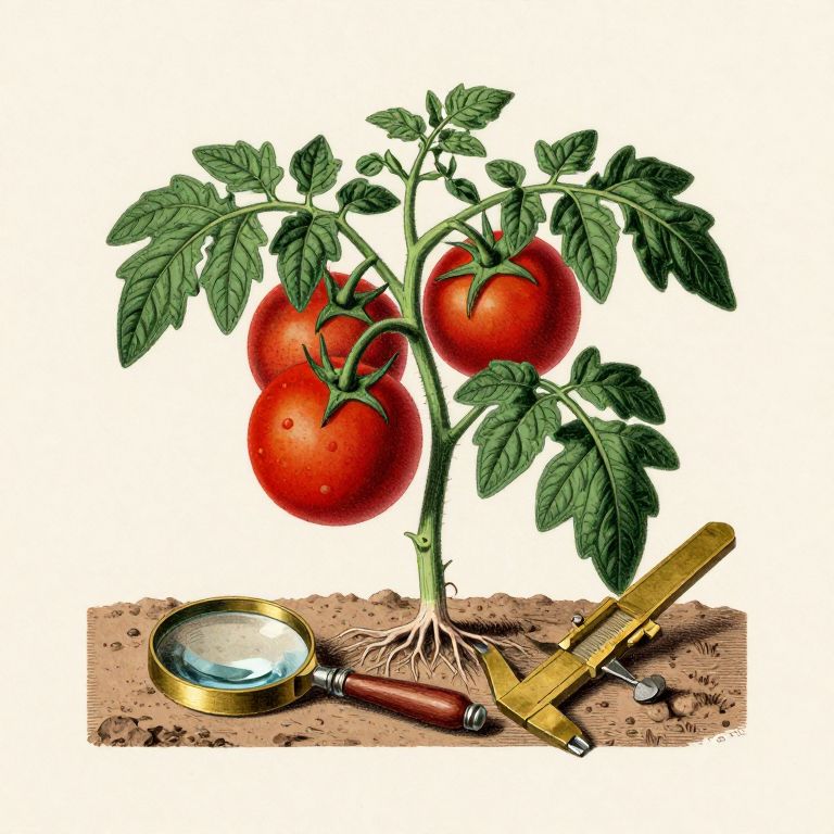 Botanical study of a tomato plant with its roots exposed, drawn as a specimen plate