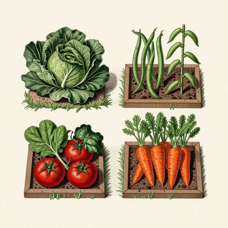 Four garden beds seen from above, each planted with a different crop family