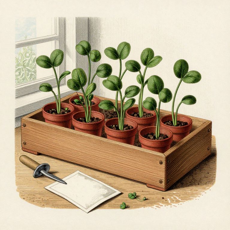 Wooden seed tray of young seedlings at a window with clay pots and a dibber