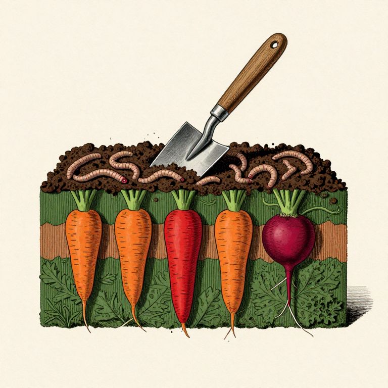 Cross section through a raised bed showing soil layers, earthworms and descending roots