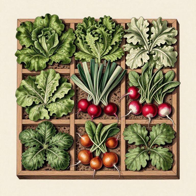 Raised bed divided into a grid of nine squares by wooden laths, each densely planted