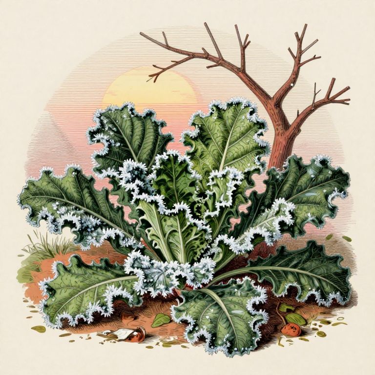 Kale plant rimed with frost, ice crystals on the crinkled leaves