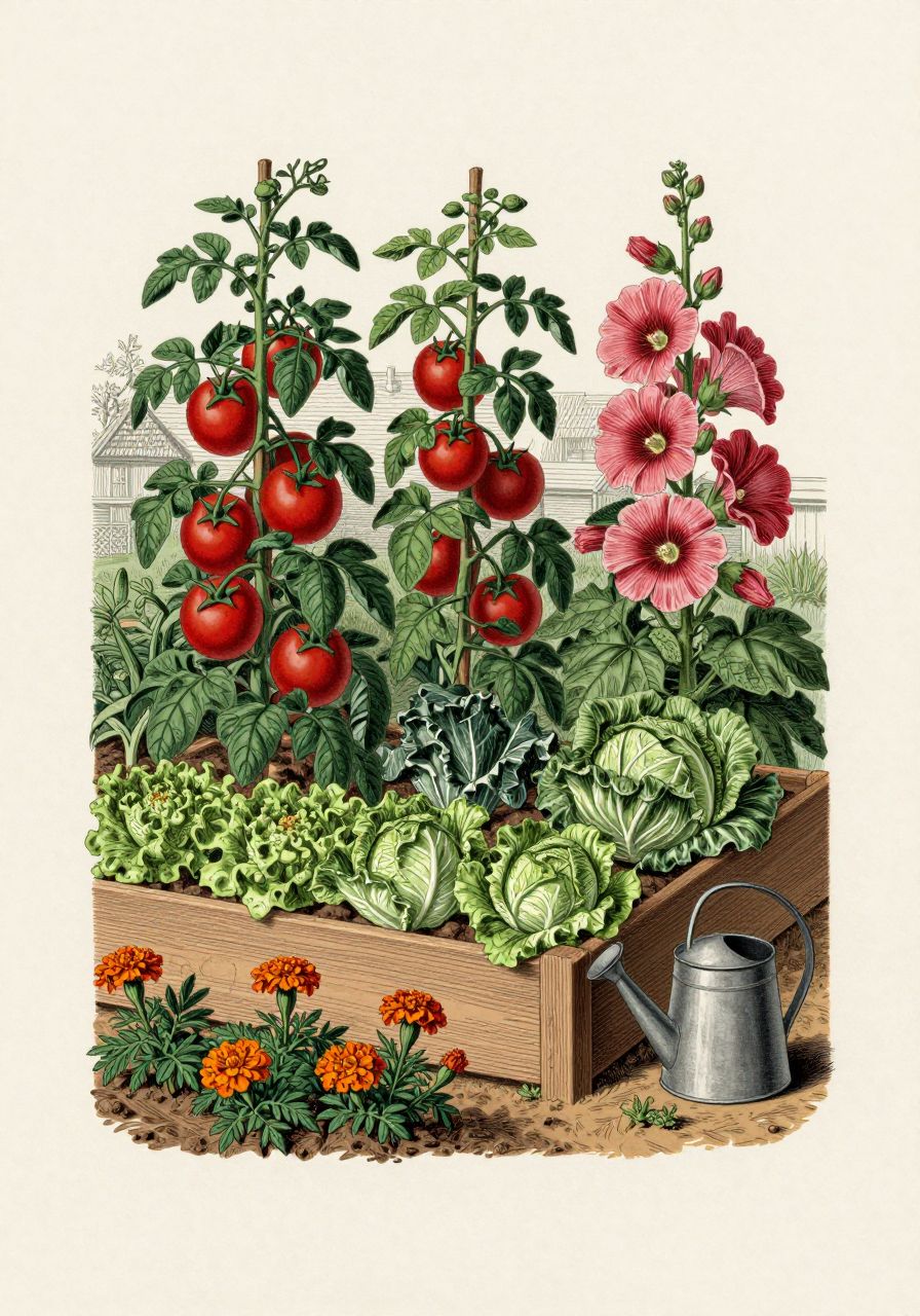 Botanical plate of a planted vegetable bed drawn in the style of an old seed catalogue